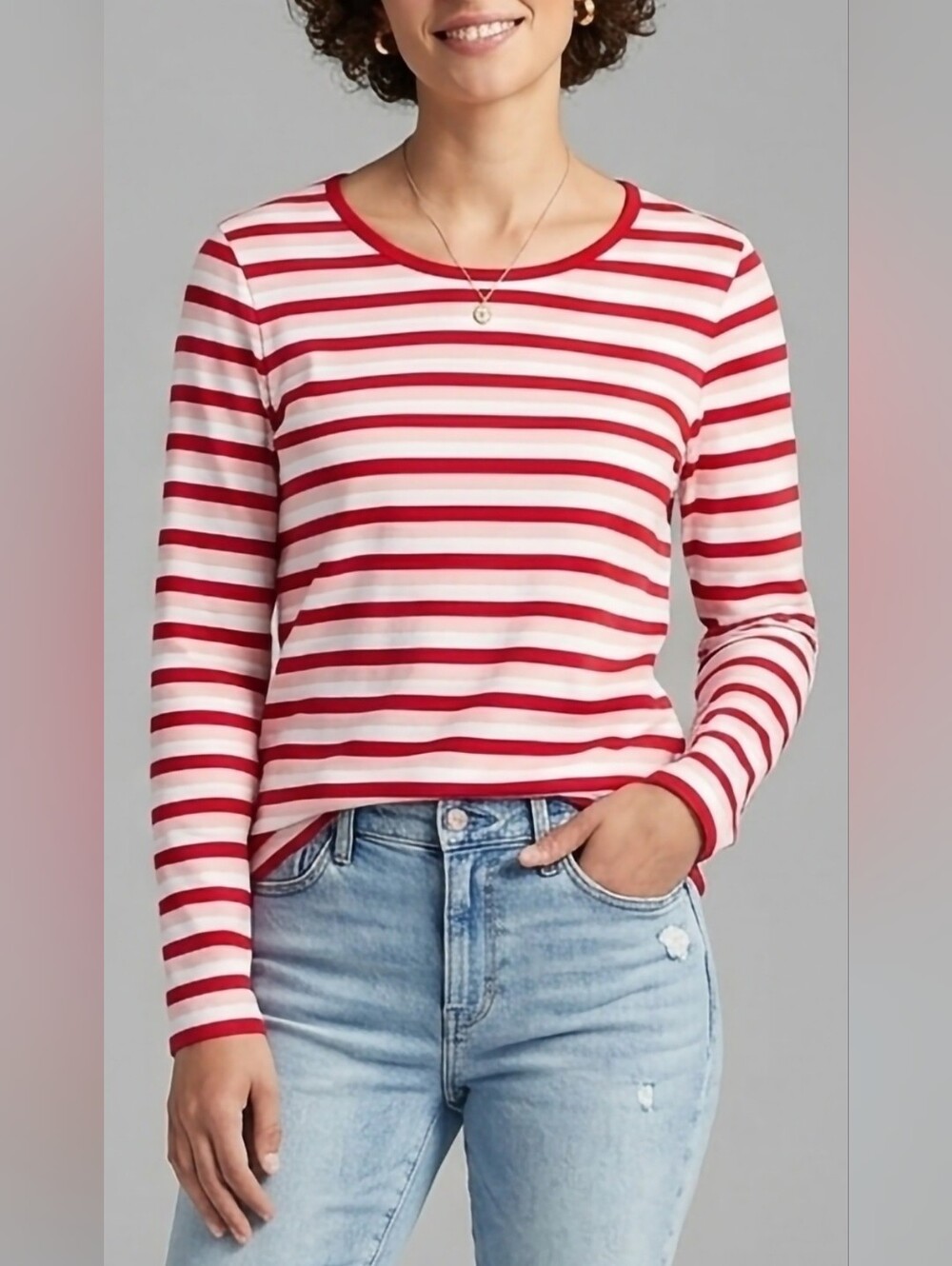 Lands' End Women's 100% Cotton Red and White Striped Long-Sleeve Tee Large